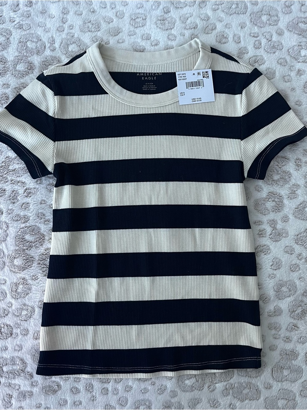 American Eagle Outfitters Black & Cream Striped Short Sleeve Tee